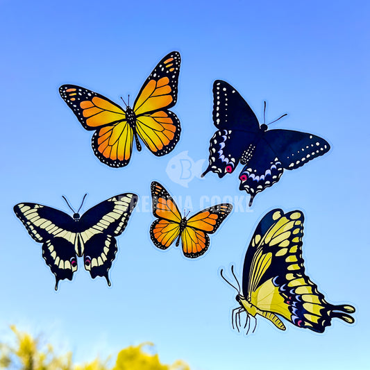 Five colorful butterflies against a blue sky background
