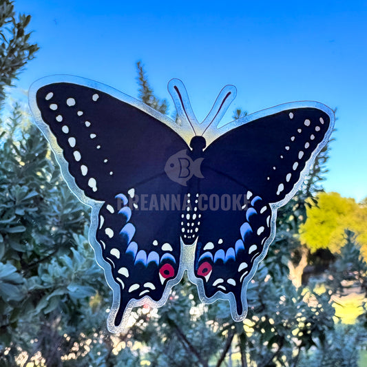 Pipevine swallowtail butterfly clear sticker with blue and black design against a blurred natural background