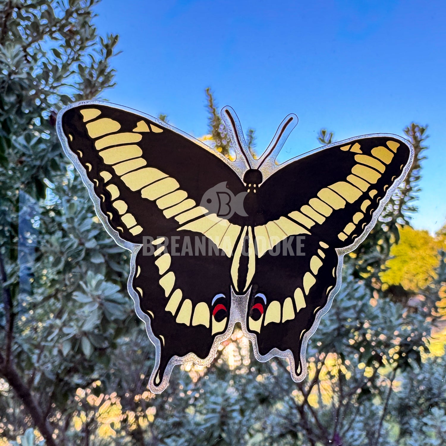 Giant swallowtail butterfly clear sticker with yellow and black pattern against a blurred natural background