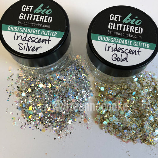 Biodegradable Glitter for Face and Body Painting, Festivals | 6g | Glass Jar | Iridescent Gold or Iridescent Silver Mix